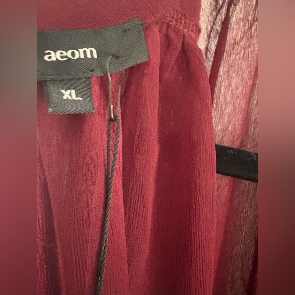 Aeom Dress Antique Berry Burgundy Long Sleeve Smoked Tiered Boho sheer Size XL - Picture 8 of 9